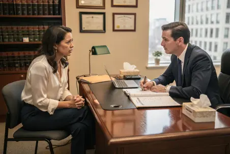 A Manhattan lawyer at Phillips & Associates discussing a sexual harassment case with a client