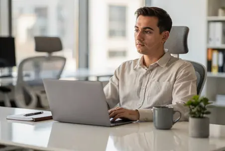 Professional man sitting at an office desk working on a laptop