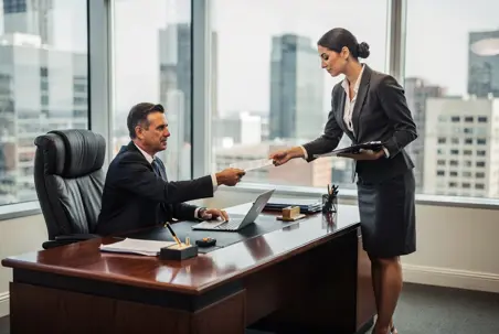 Executive assistant handing a document to an executive in a New York office