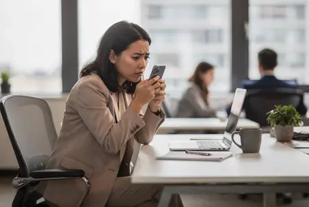 Worried employee at an office desk reading text messages on her phone