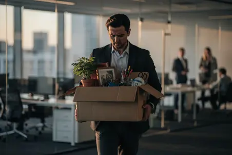 Employee leaving the office with their things after being fired after a complaint