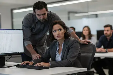 Supervisor leaning over a seated employee at her desk in an open-plan office