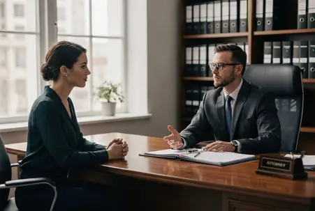 Woman consulting with an employment attorney across a desk in a law office