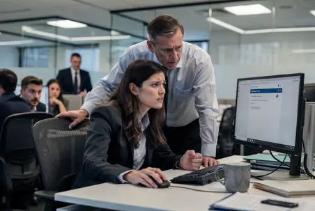 An employee being harassed at their desk by their boss