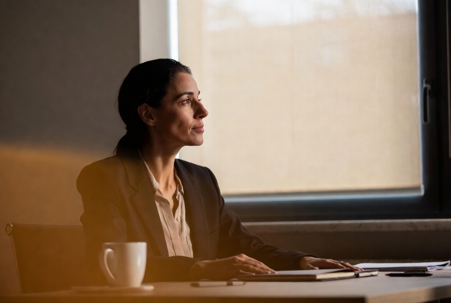 Close-up of a determined, relieved professional person sitting at a desk in soft natural window light, gazing with quiet confidence in the distance, surrounded by everyday items like a coffee mug and notebook, warm golden tones