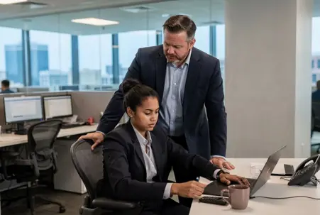 Standing executive leaning over a seated employee working at a laptop in an office
