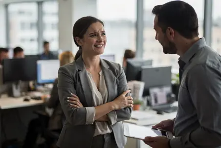 Woman with folded arms speaking with a male colleague in an open-plan office