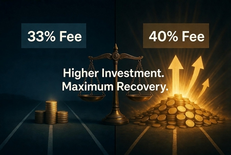 Split-screen illustration: left shows a small stack of coins labeled "33% Fee,"; right shows a massive glowing pile of coins labeled "40% Fee,". Justice scale tips toward the larger recovery, with text "Higher Investment. Maximum Recovery."