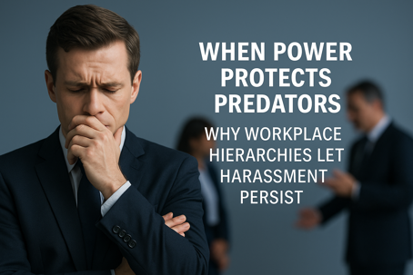 Professional workplace scene depicting the emotional weight of power imbalance — a thoughtful executive in focus while others argue in the background, symbolizing how authority and silence protect misconduct. The image emphasizes the theme “Why Workplace H