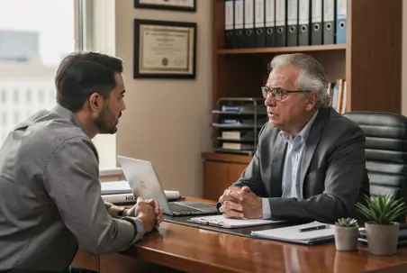 Employee meeting with an HR manager in an office to discuss a workplace complaint