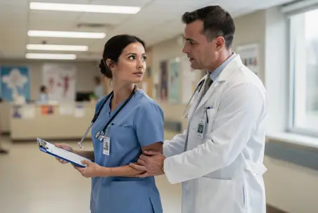 A nurse and physician talking in a hospital corridor and healthcare sexual harassment is taking place
