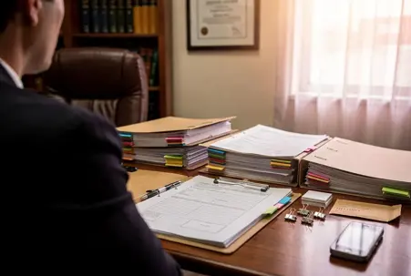Attorney reviewing stacks of case files and legal documents at a desk in a law office