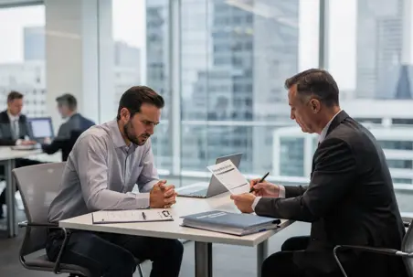 Employee meeting with an attorney to review an employee write-up form in a New York City office