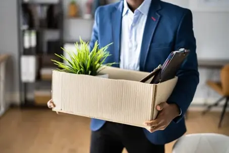 Fired Employee With Box. Unemployed Businessman Moving