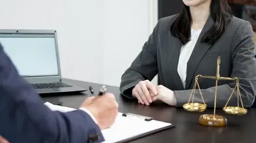 A woman consulting a lawyer about a problem
