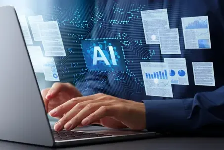AI generating reports and documents. Generative artificial intelligence analyzing text and data. Businessman typing on laptop computer keyboard at desk in office.