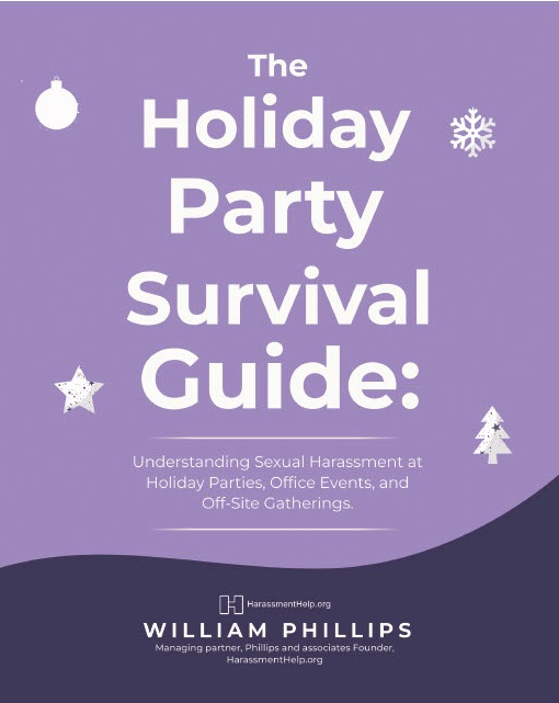 Book cover of "The Holiday Party Survival Guide" by William K. Phillips. Purple gradient background with white holiday icons, white title text, and bottom text reading "HarassmentHelp.org".