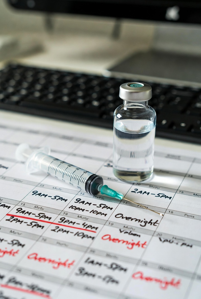 Insulin syringe and vial on chaotic work schedule calendar illustrating diabetes management challenges and potential ADA violations in employment discrimination cases